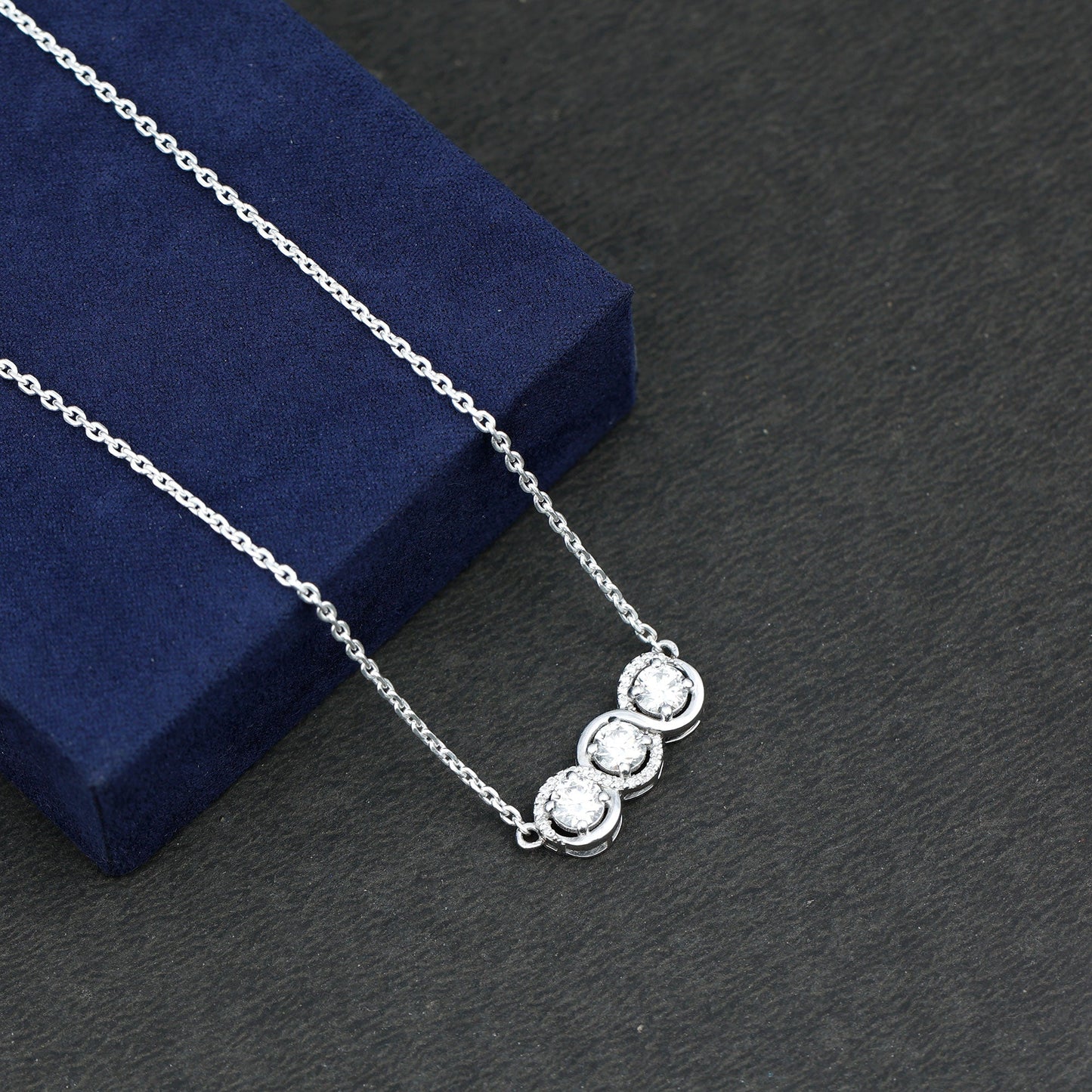 Certified Round Moissanite 3 Stone Bar Necklace with Silver Chain