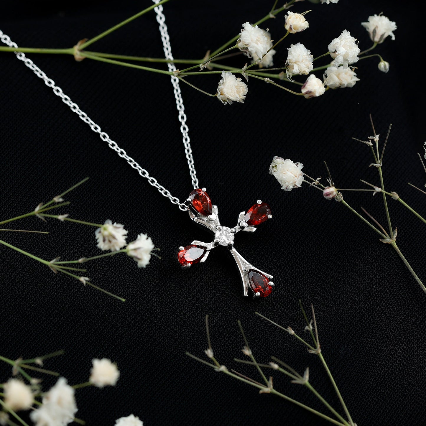 Real Garnet Designer Cross Necklace with Silver Chain