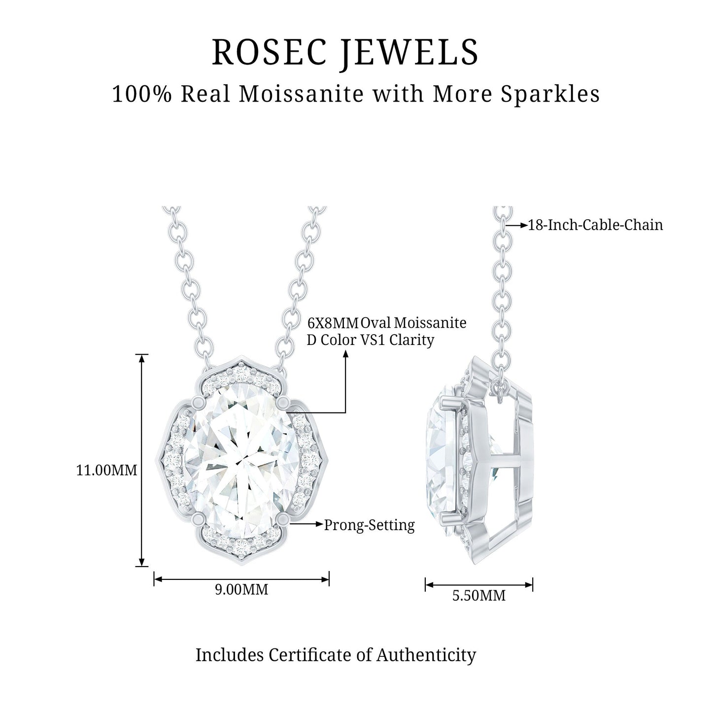 6X8 MM Moissanite Statement Necklace With Silver Chain