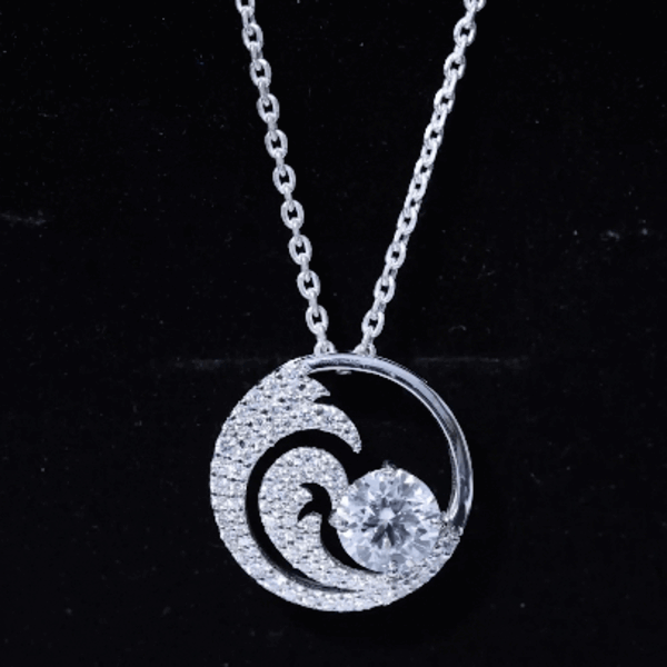 Certified Moissanite Ocean Wave Necklace with Silver Chain