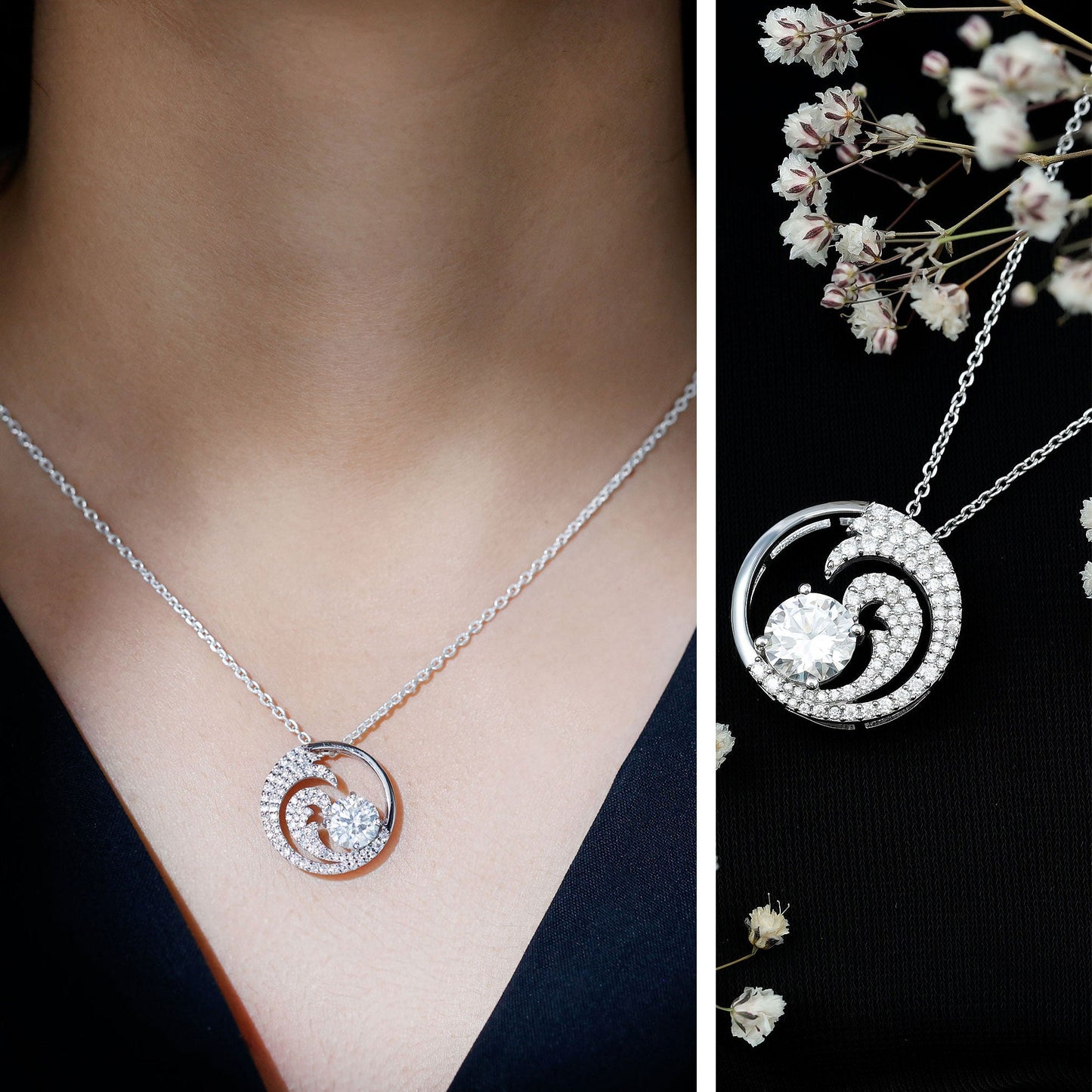 Certified Moissanite Ocean Wave Necklace with Silver Chain