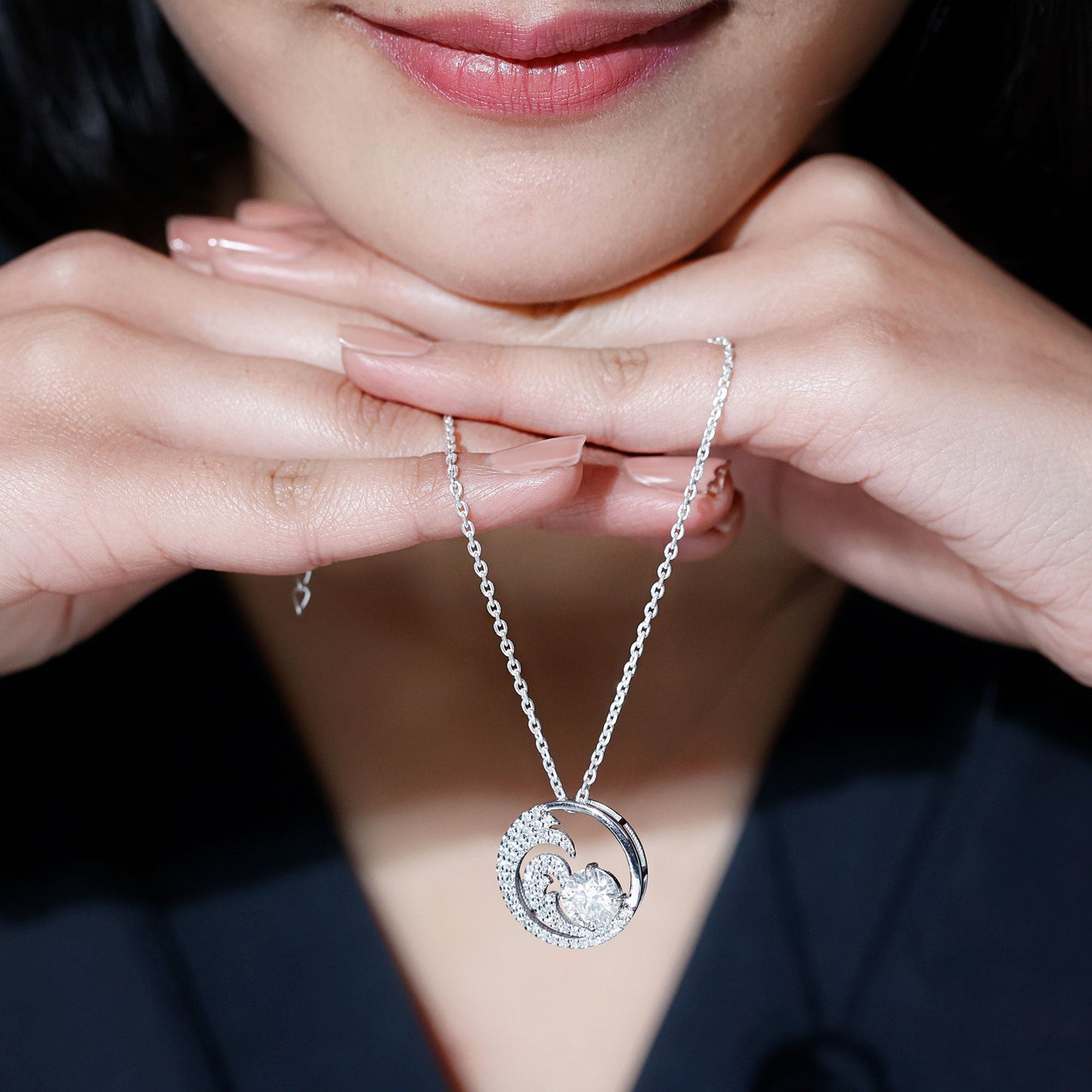 Certified Moissanite Ocean Wave Necklace with Silver Chain