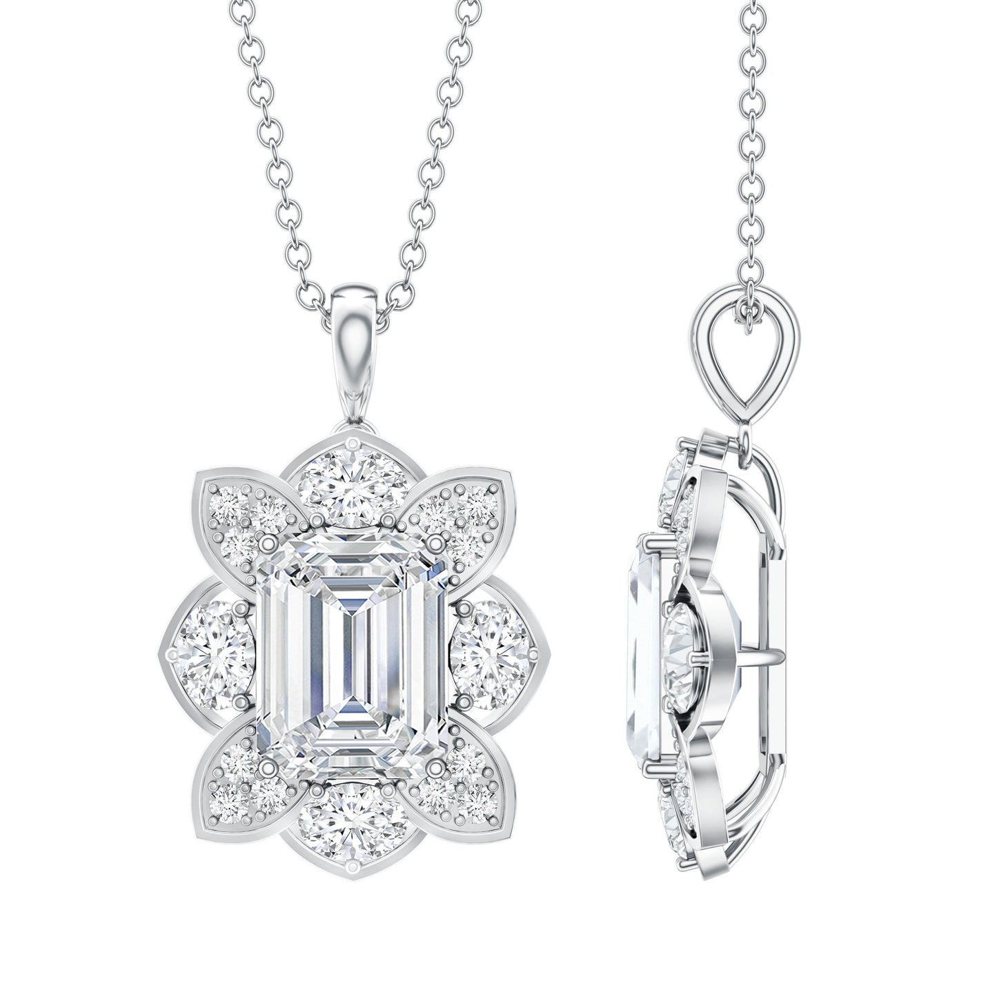 Certified 2.8 Carat Emerald Cut Moissanite Designer Necklace With Silver Chain