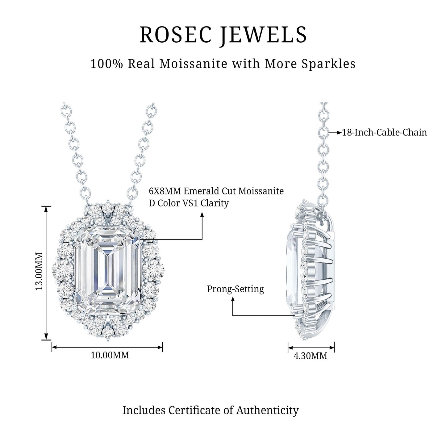 Certified 2.8 Carat Emerald Cut Moissanite Wedding Necklace in Silver