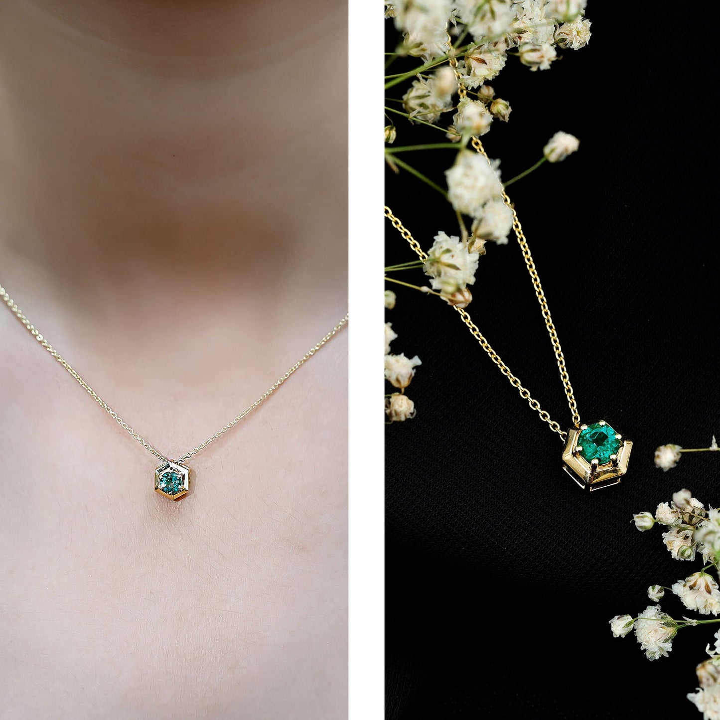 0.4 Carat Solitaire Emerald Hexagon Pendant Necklace