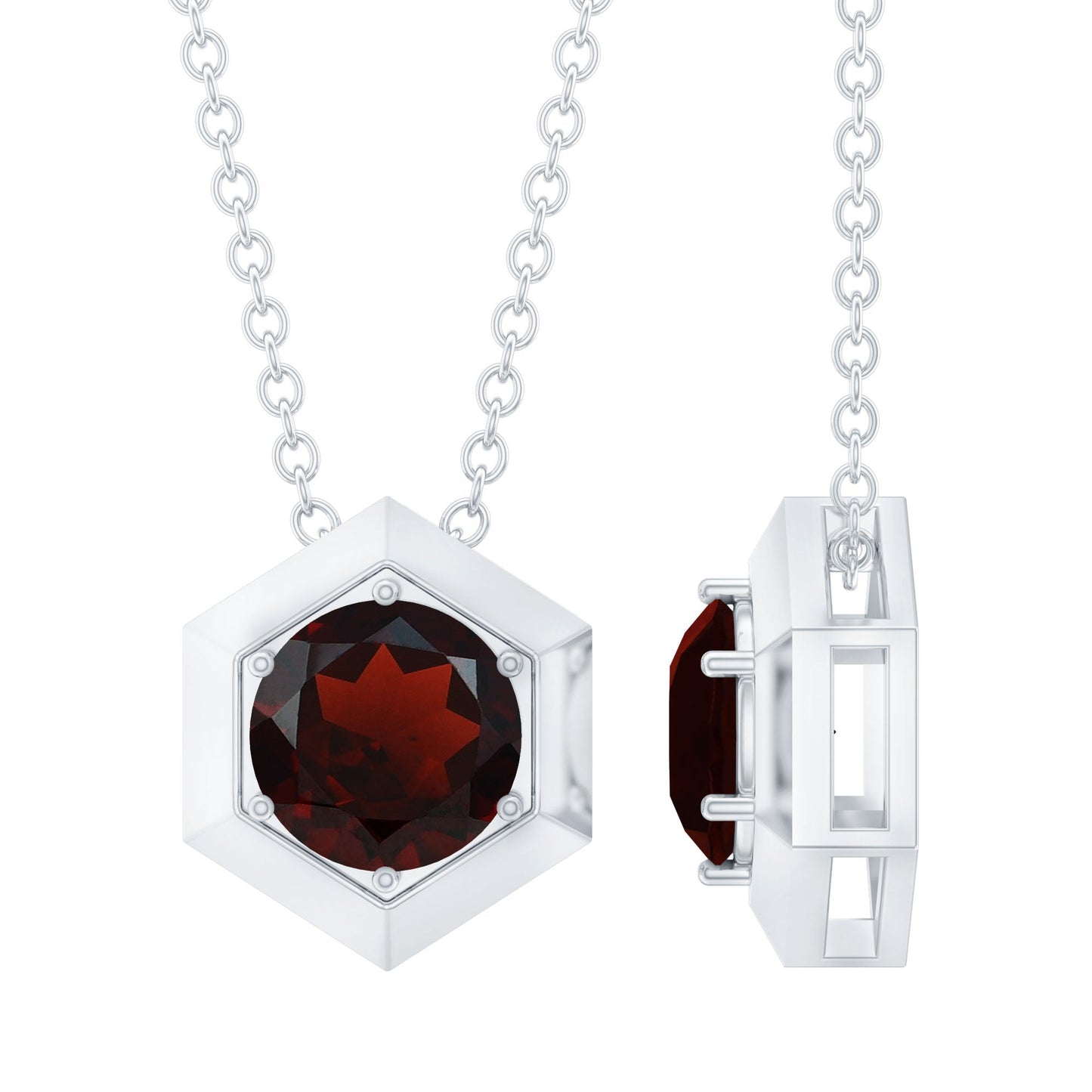 Solitaire Garnet Hexagonal Pendant Necklace