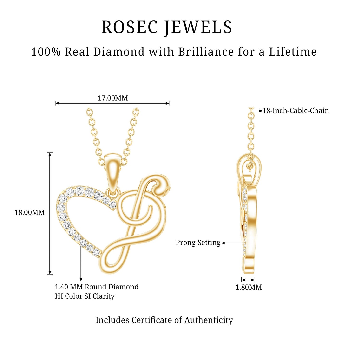Diamond Heart and Music Note Necklace