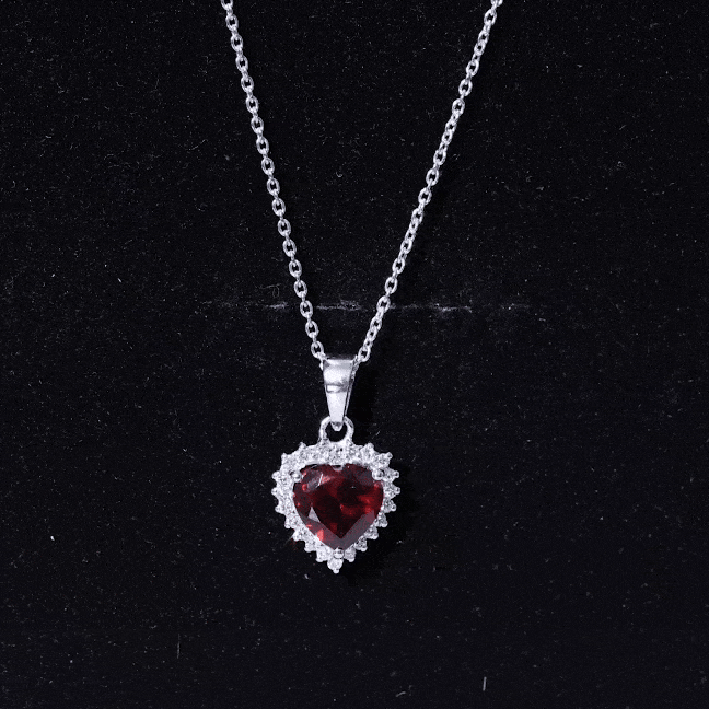 Garnet Heart Pendant Necklace with Moissanite Halo