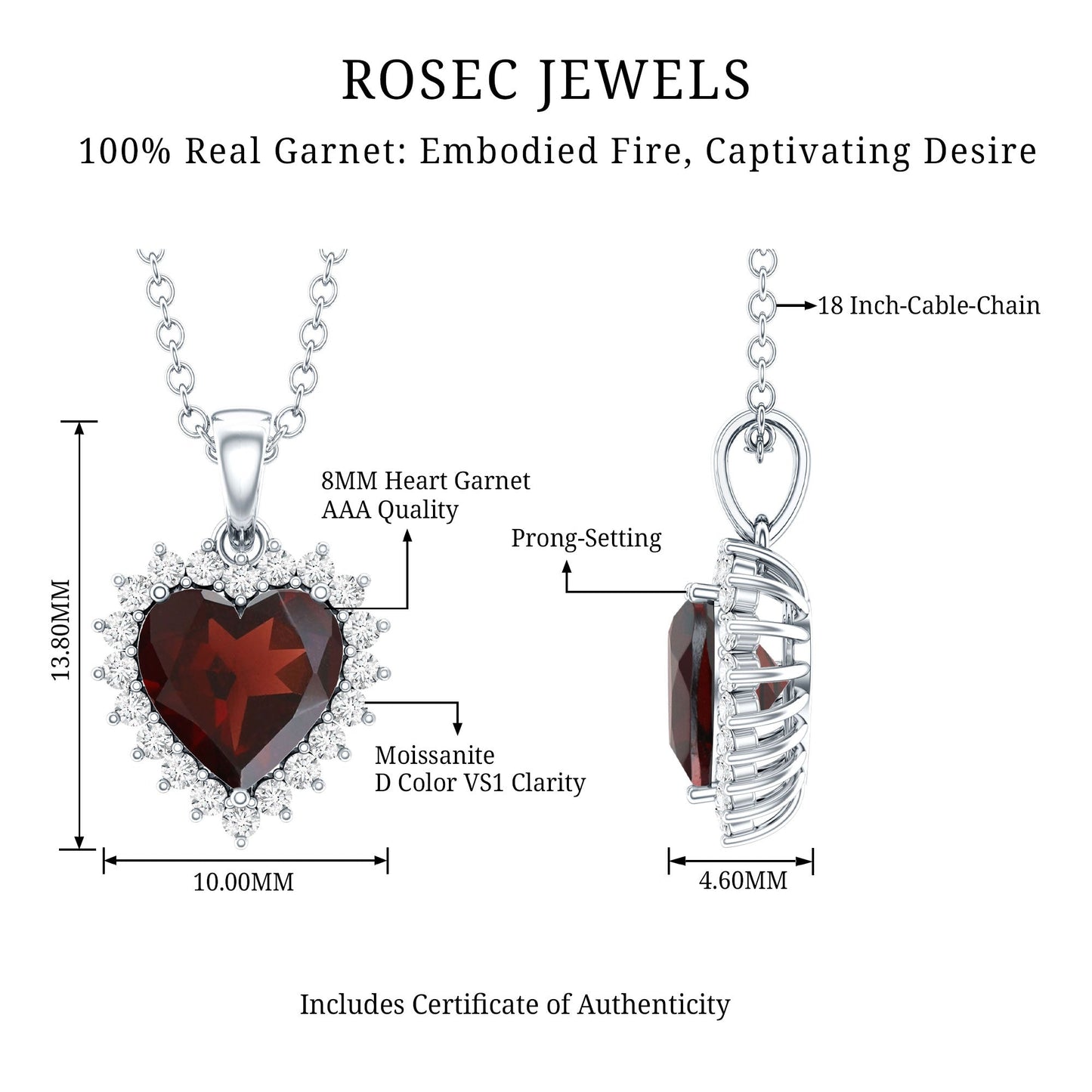 Garnet Heart Pendant Necklace with Moissanite Halo