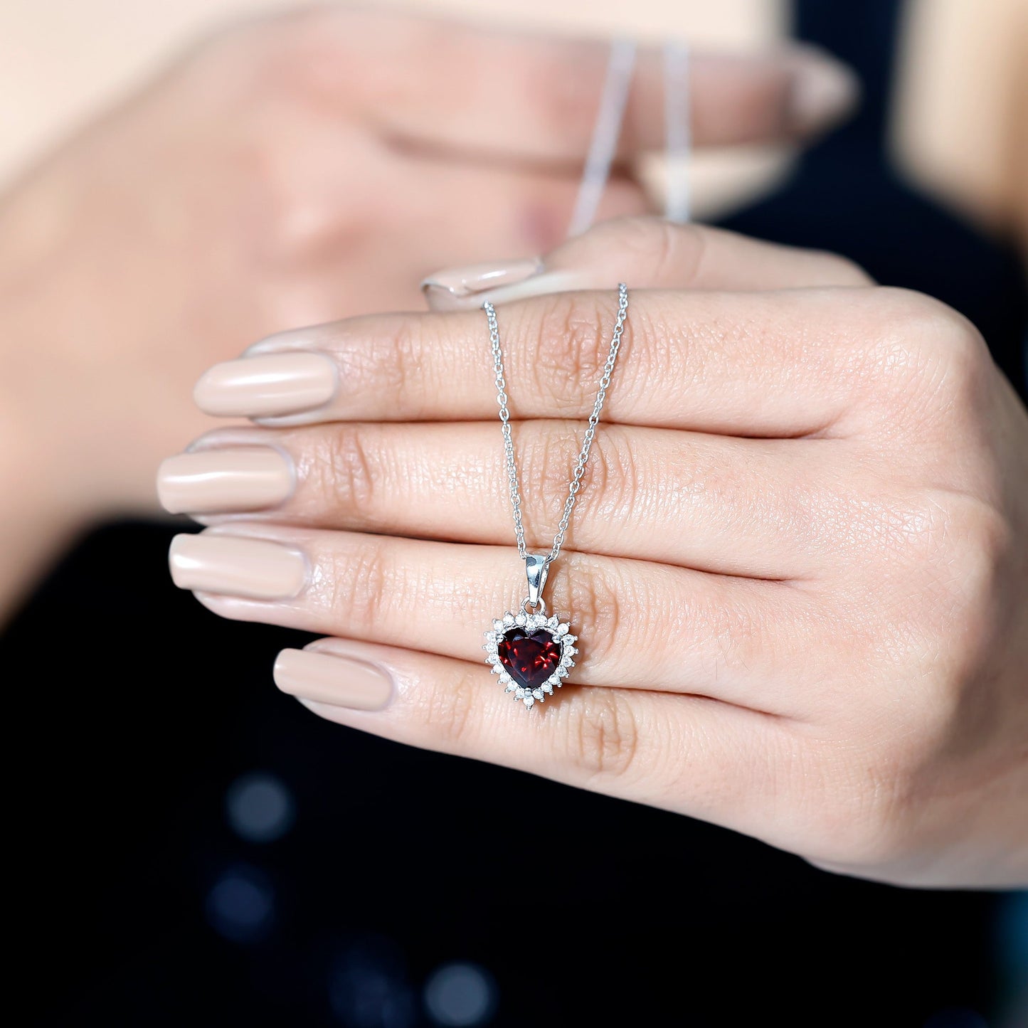 Garnet Heart Pendant Necklace with Moissanite Halo