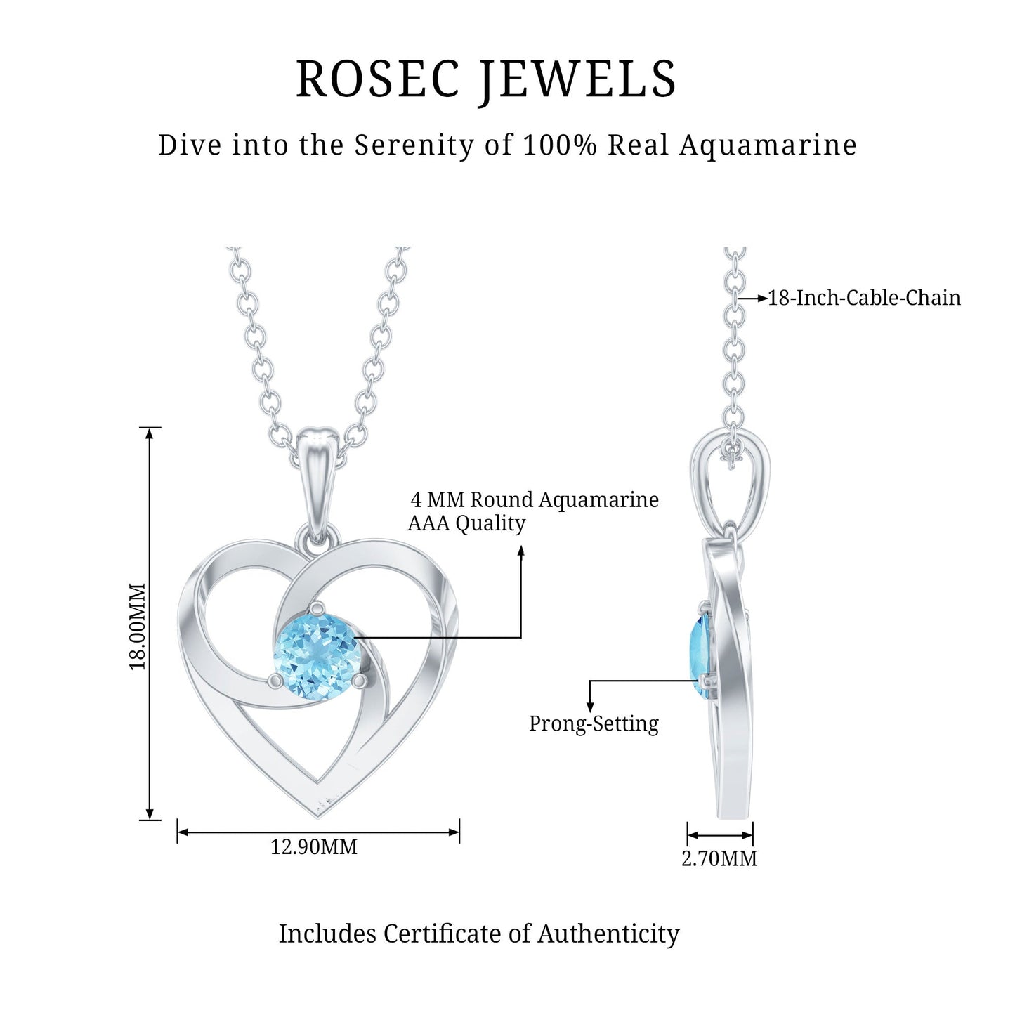 March Birthstone Aquamarine Solitaire Heart Necklace With Chain