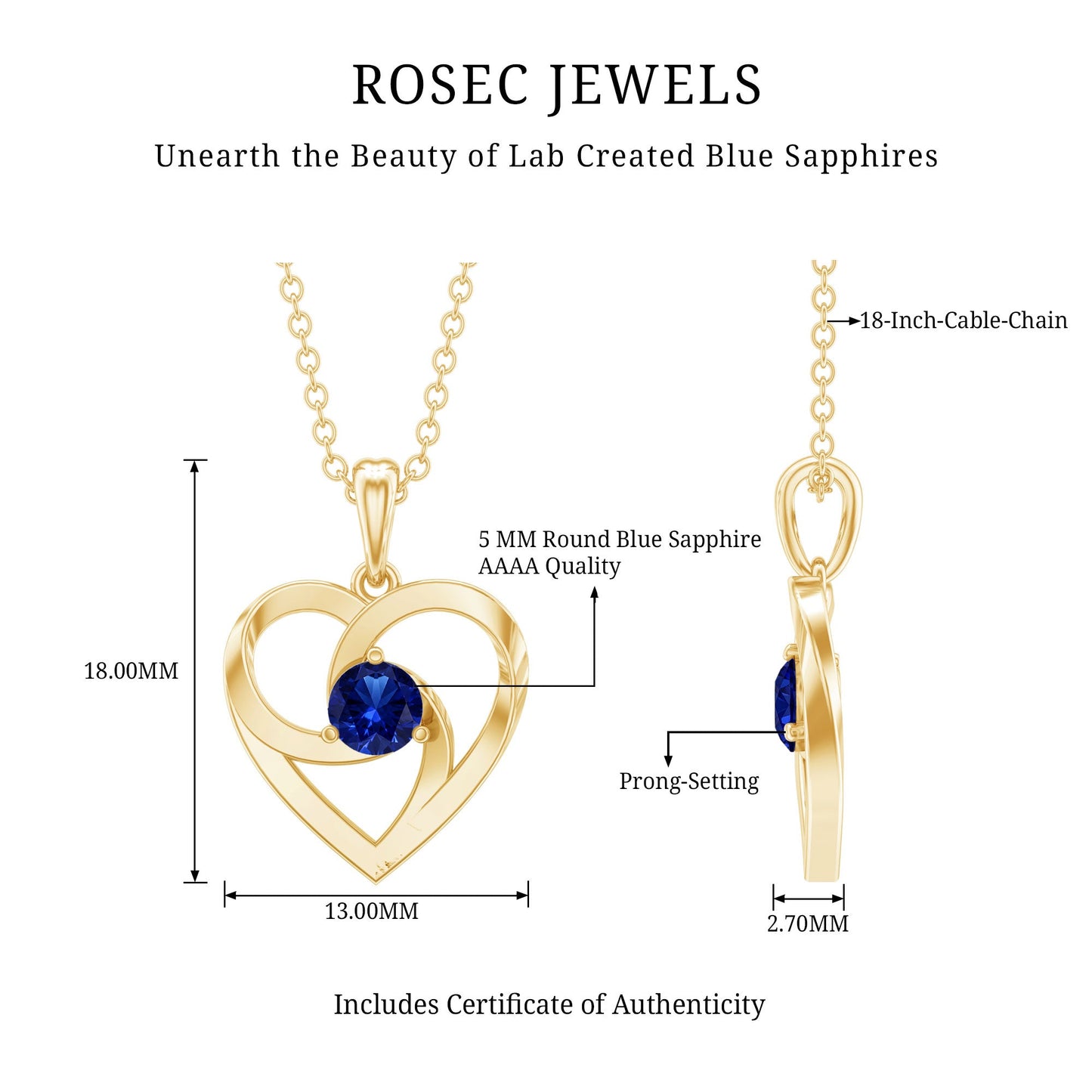 Lab Grown Blue Sapphire Heart Necklace with Certificate