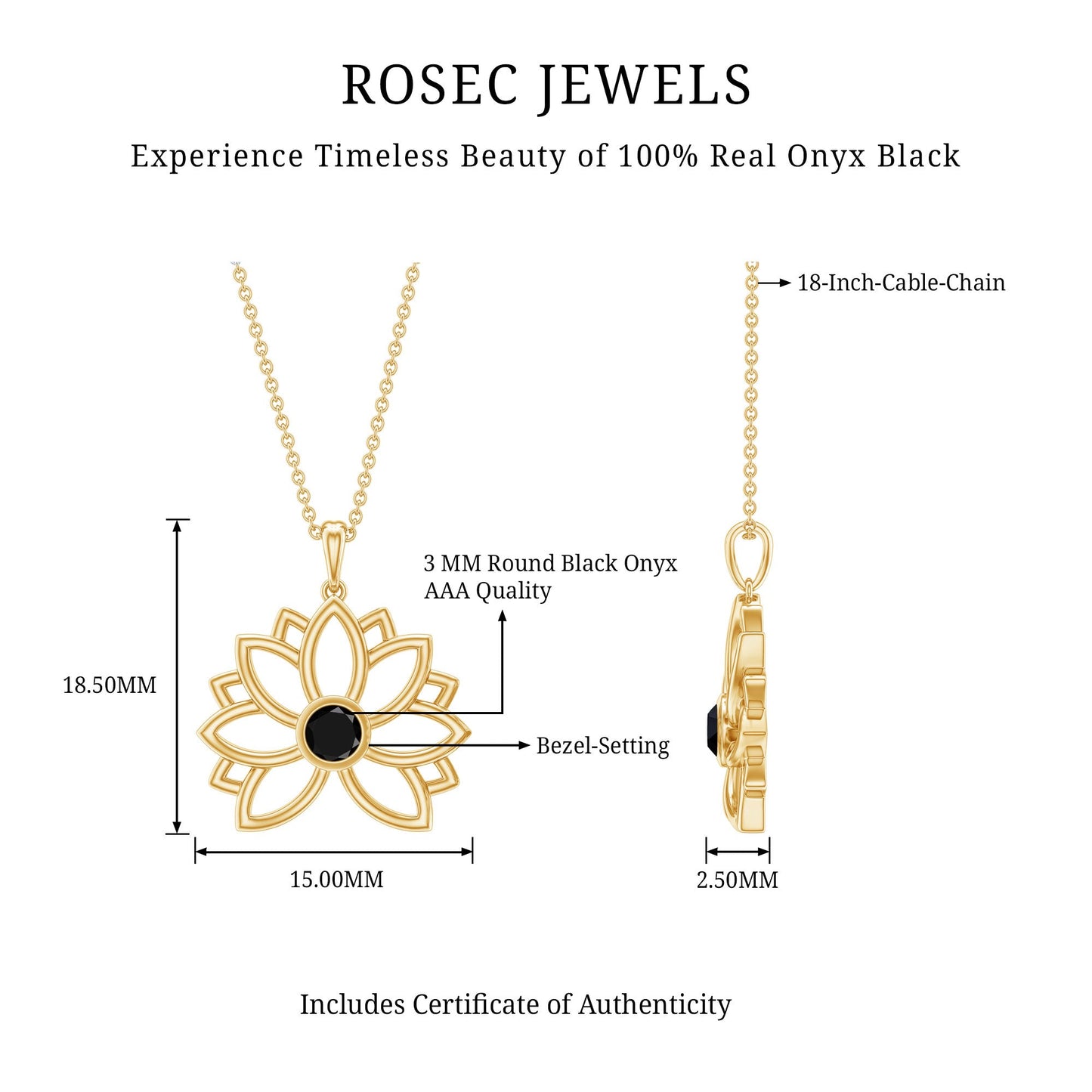 Natural Black Onyx Flower Pendant Necklace for Women