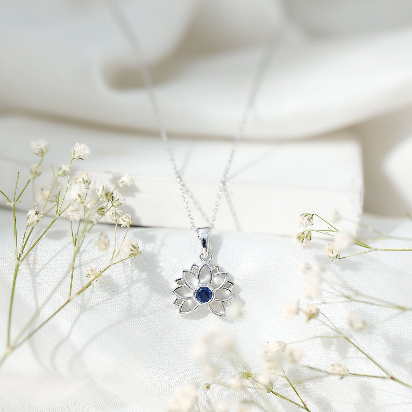 Real Blue Sapphire Lotus Flower Necklace with Chain
