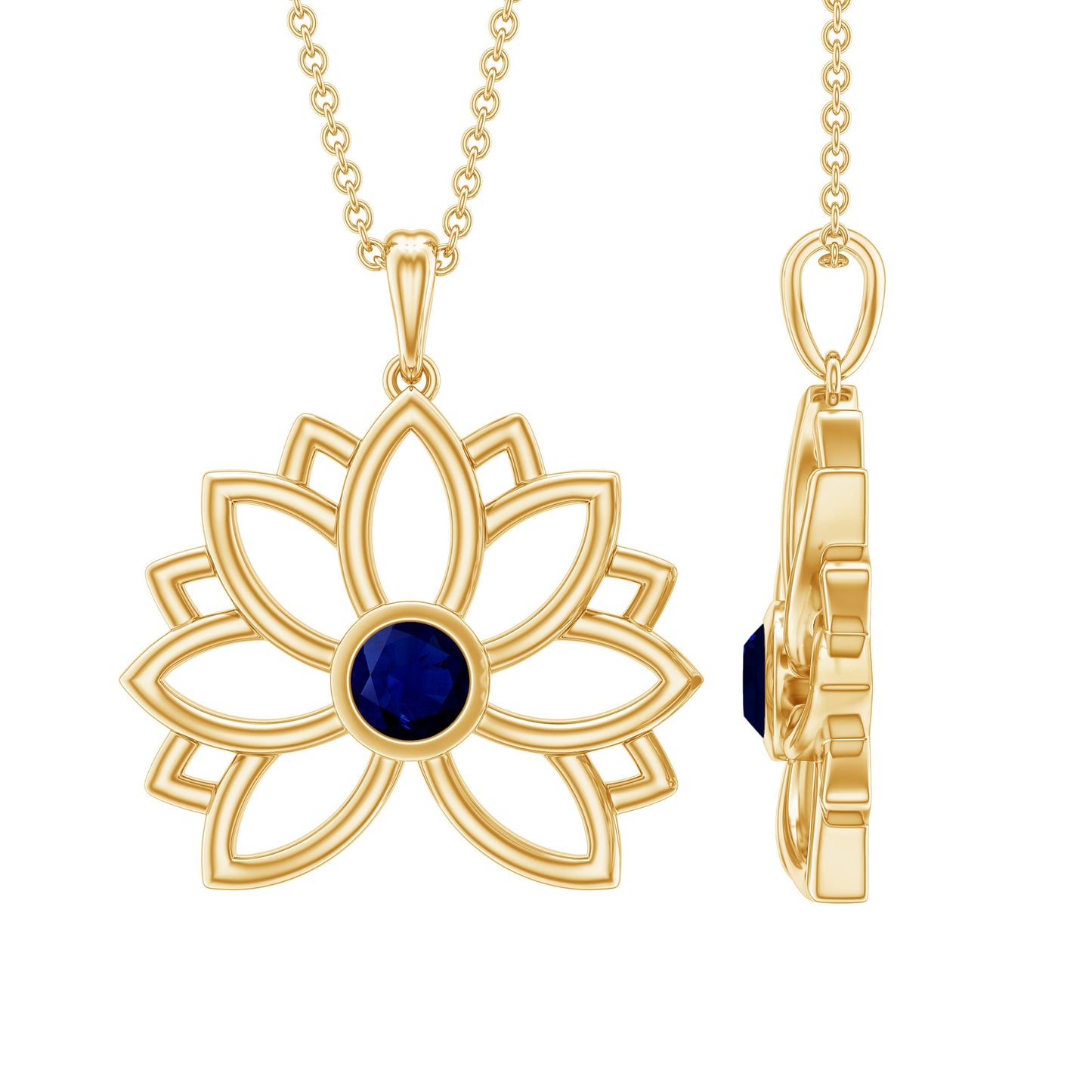 Real Blue Sapphire Lotus Flower Necklace with Chain