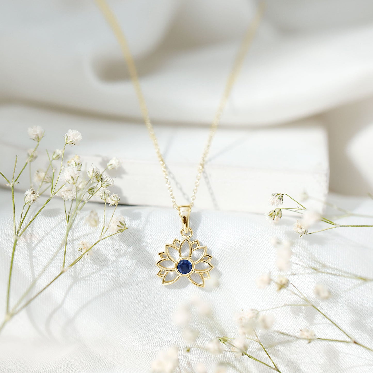 Real Blue Sapphire Lotus Flower Necklace with Chain