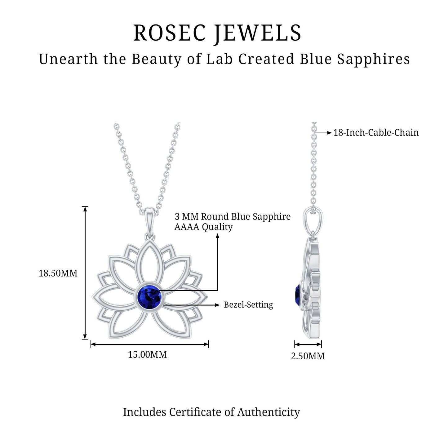 Lab Grown Blue Sapphire Lotus Flower Necklace With Chain