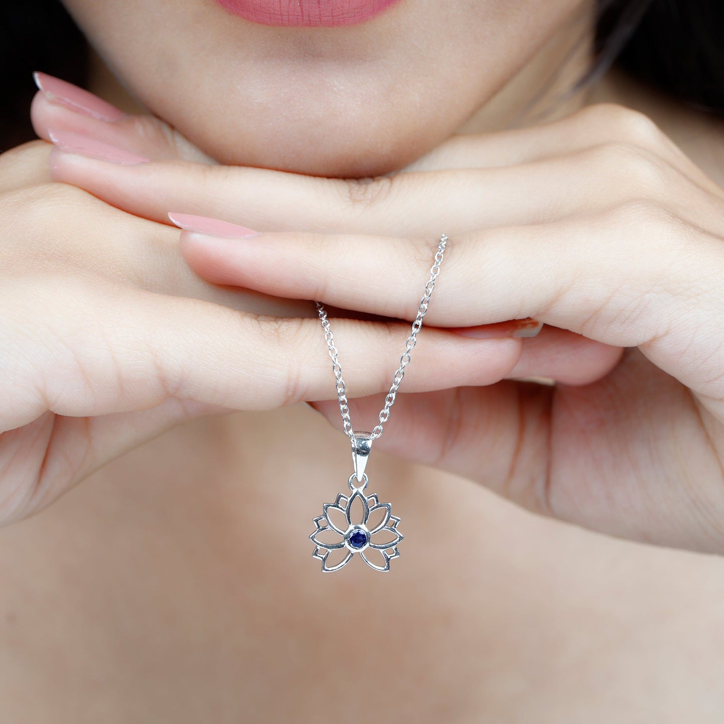 Lab Grown Blue Sapphire Lotus Flower Necklace With Chain