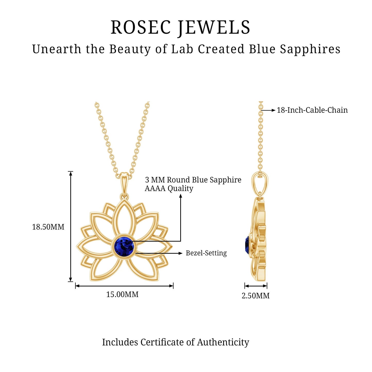 Lab Grown Blue Sapphire Lotus Flower Necklace With Chain