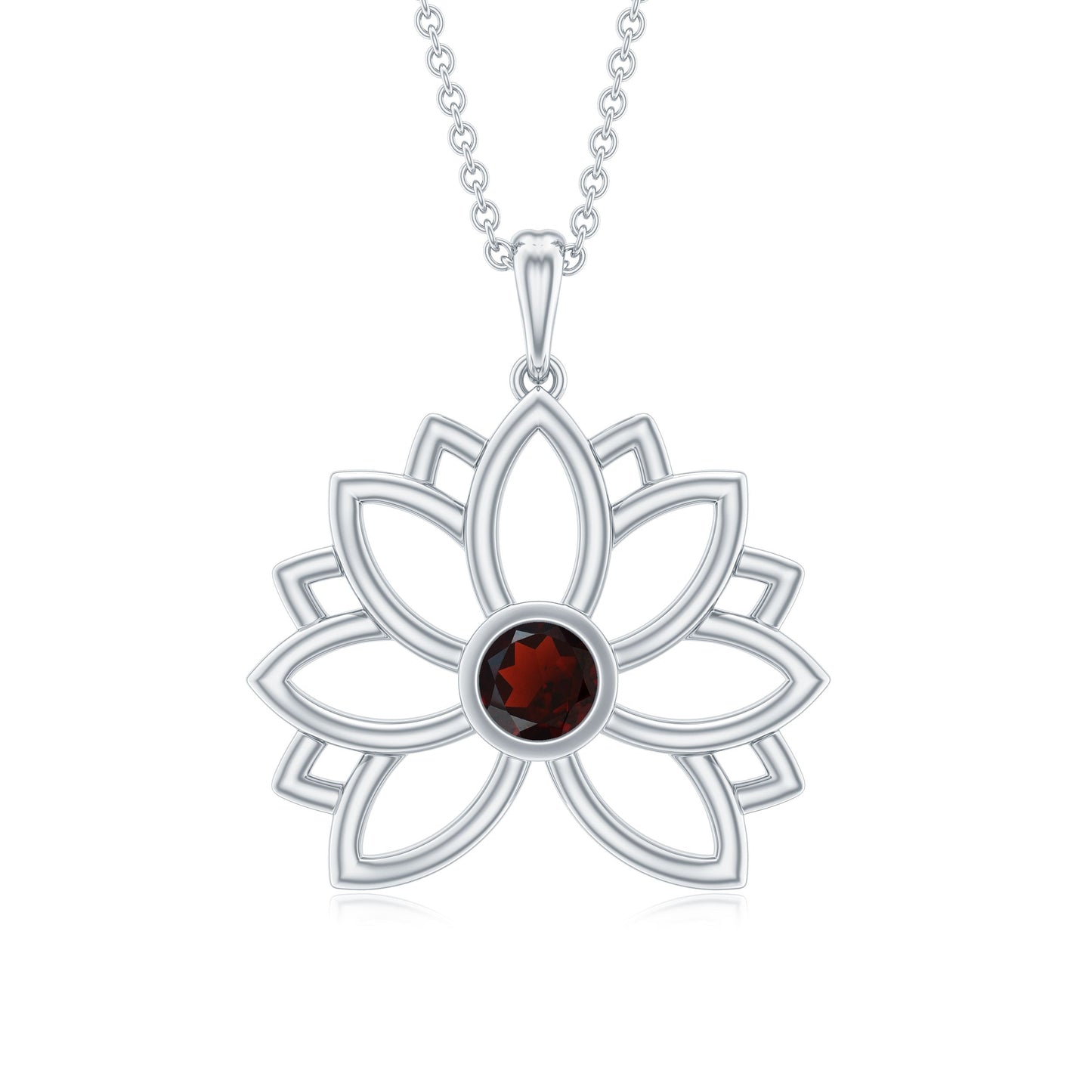 Bezel Set Garnet Lotus Floral Pendant Necklace