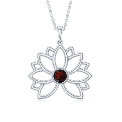 Bezel Set Garnet Lotus Floral Pendant Necklace