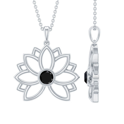Bezel Set Lab Grown Black Diamond Lotus Flower Necklace