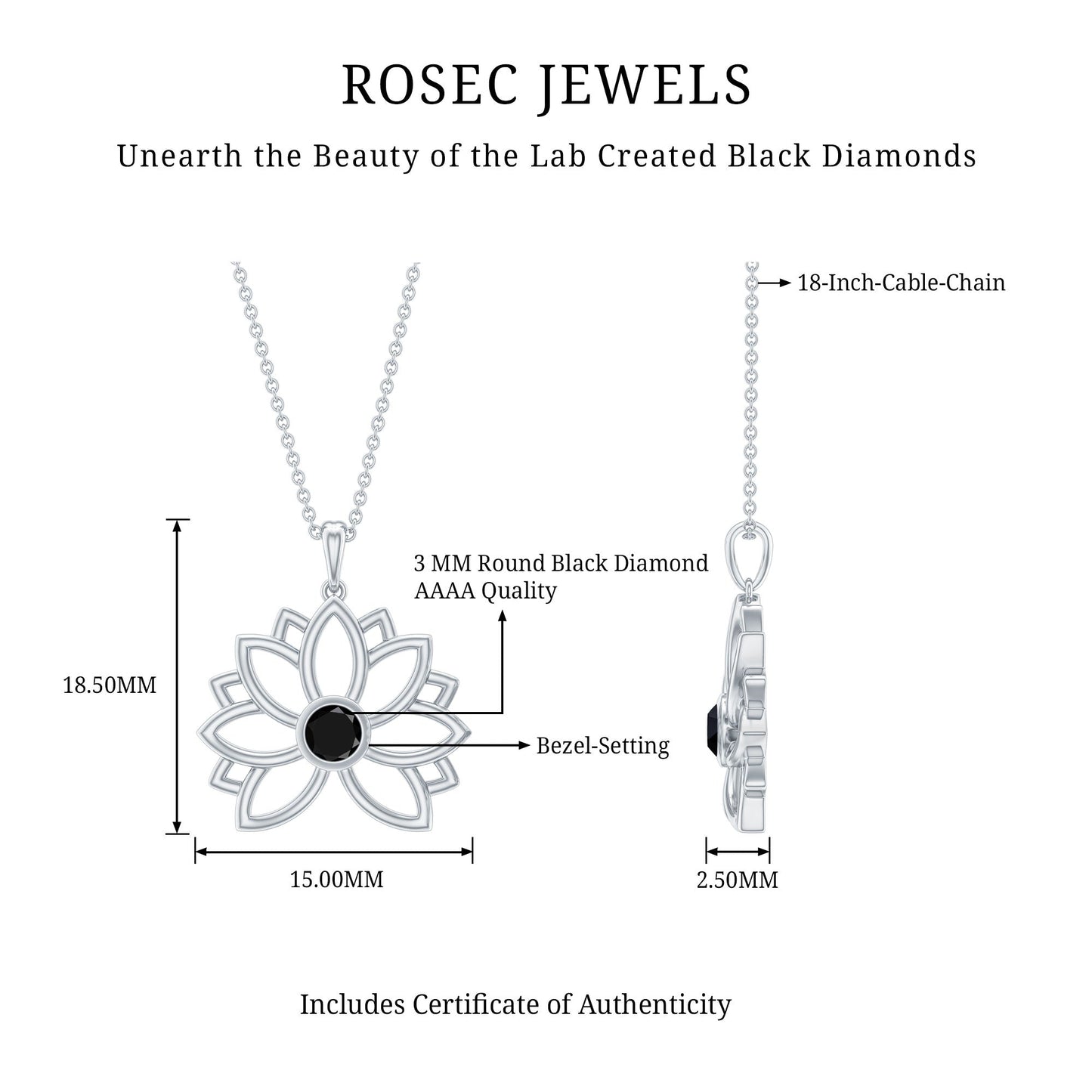 Bezel Set Lab Grown Black Diamond Lotus Flower Necklace
