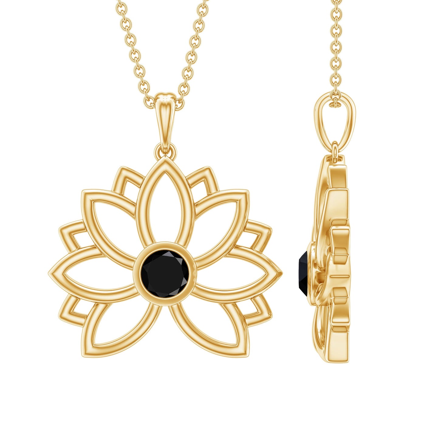 Bezel Set Lab Grown Black Diamond Lotus Flower Necklace