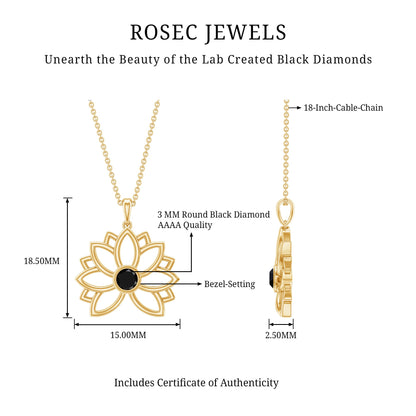 Bezel Set Lab Grown Black Diamond Lotus Flower Necklace