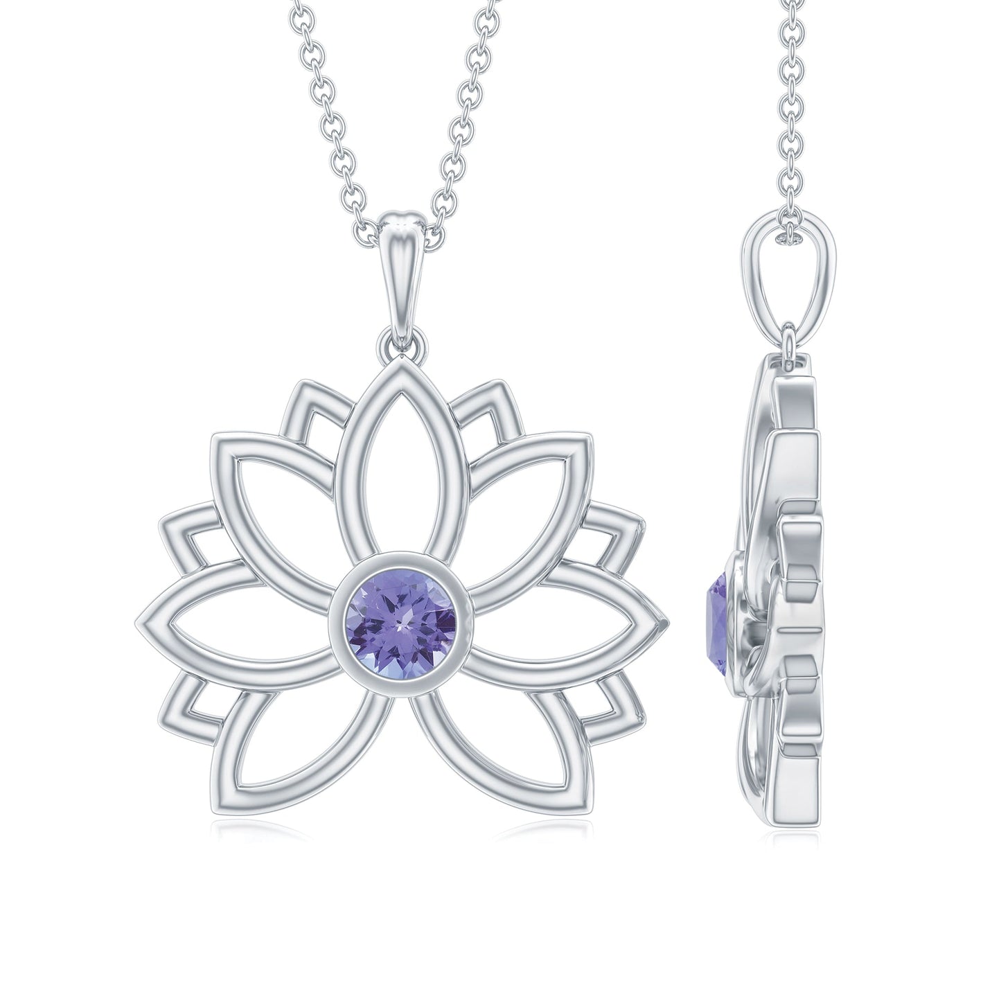 Bezel Set Tanzanite Lotus Flower Pendant Necklace