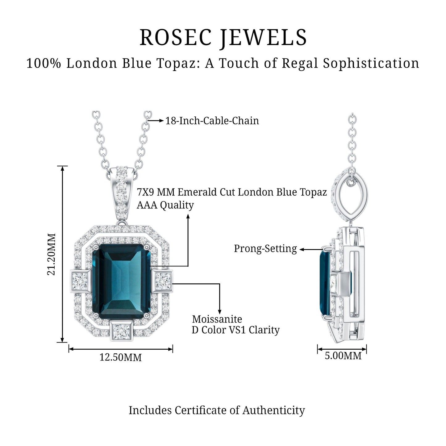 Certified 1.8 Carat Emerald Cut London Blue Topaz Vintage Necklace with Silver Chain