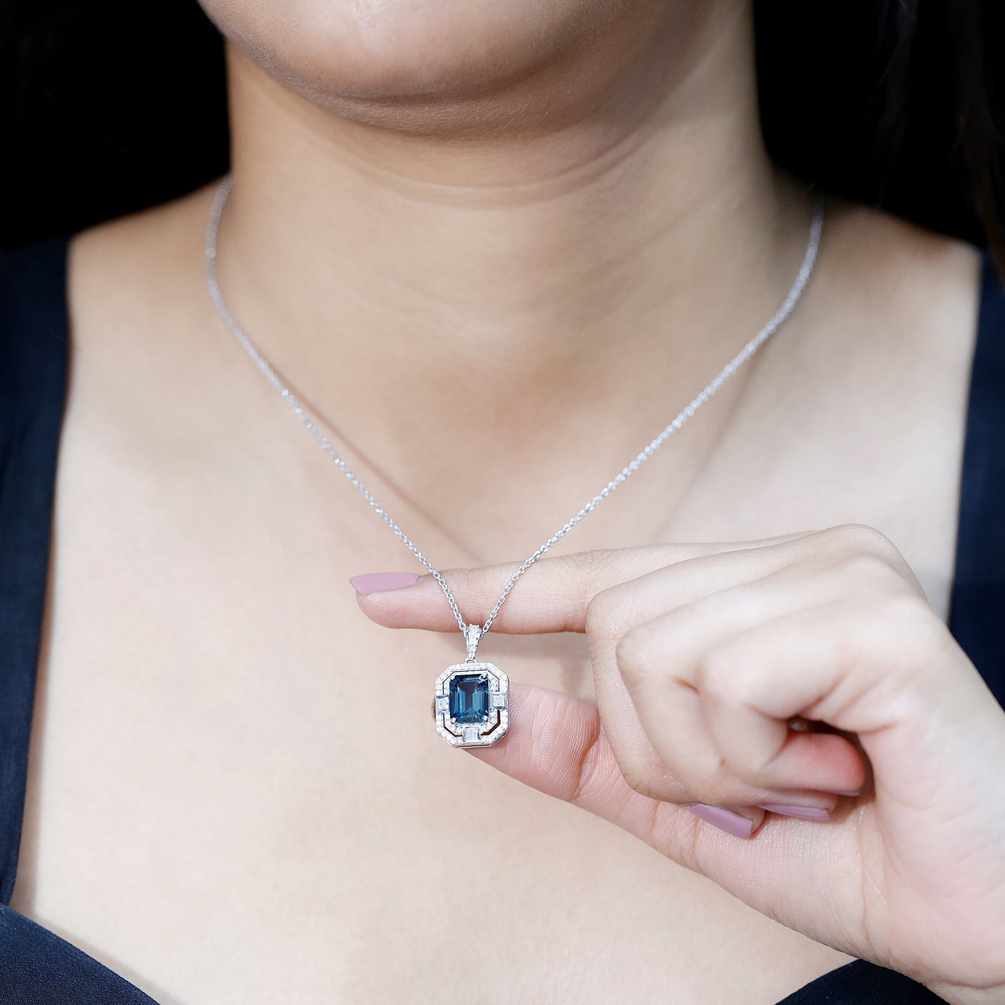 Certified 1.8 Carat Emerald Cut London Blue Topaz Vintage Necklace with Silver Chain
