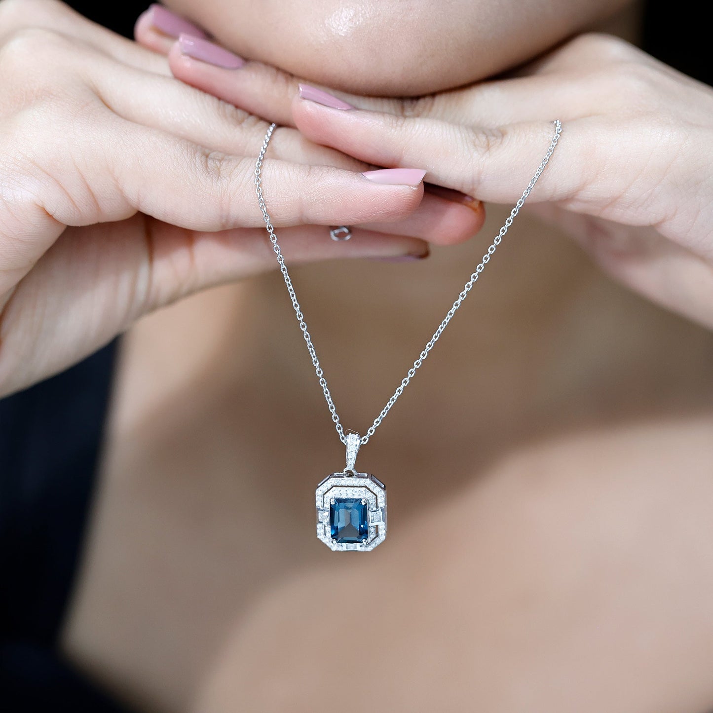 Certified 1.8 Carat Emerald Cut London Blue Topaz Vintage Necklace with Silver Chain