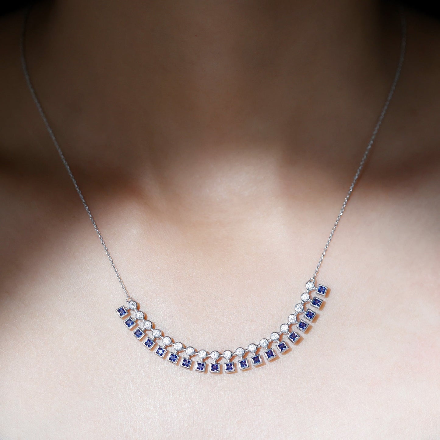 Princess Cut Lab Grown Blue Sapphire Statement Necklace With Certificate