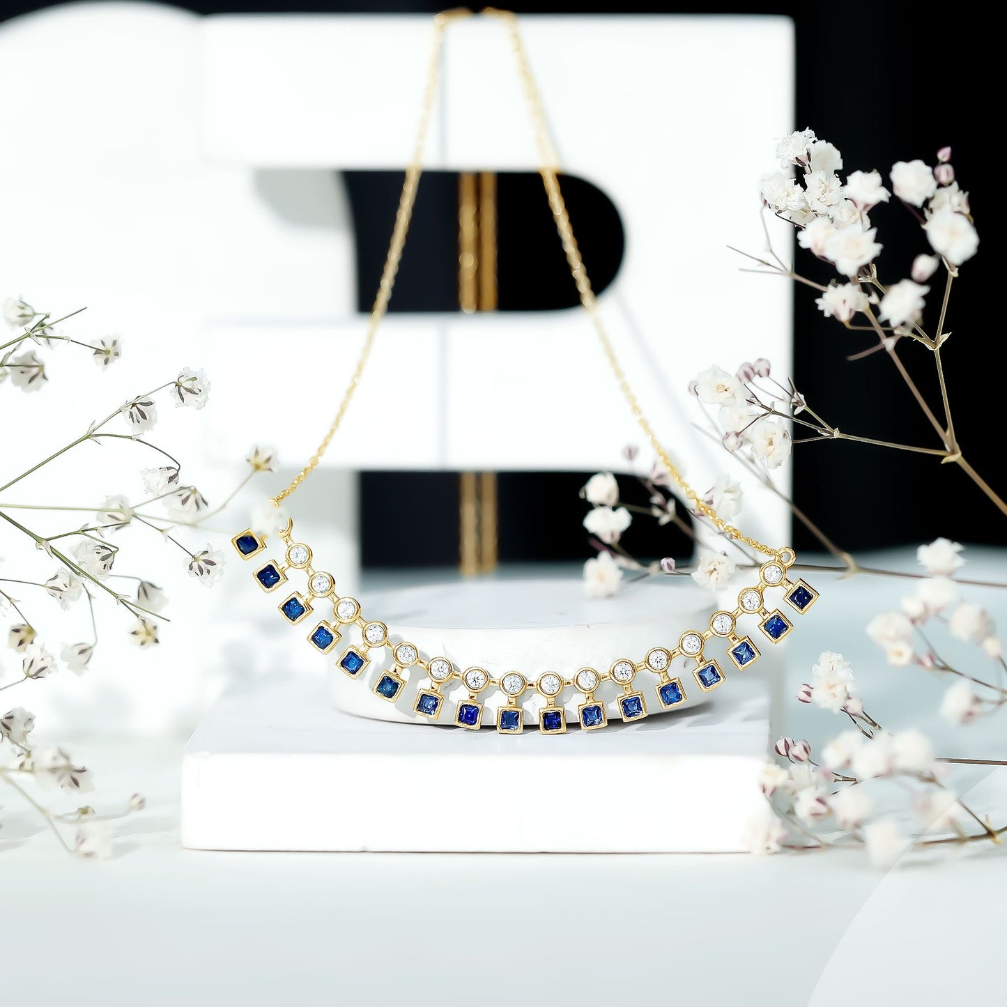 Princess Cut Lab Grown Blue Sapphire Statement Necklace With Certificate