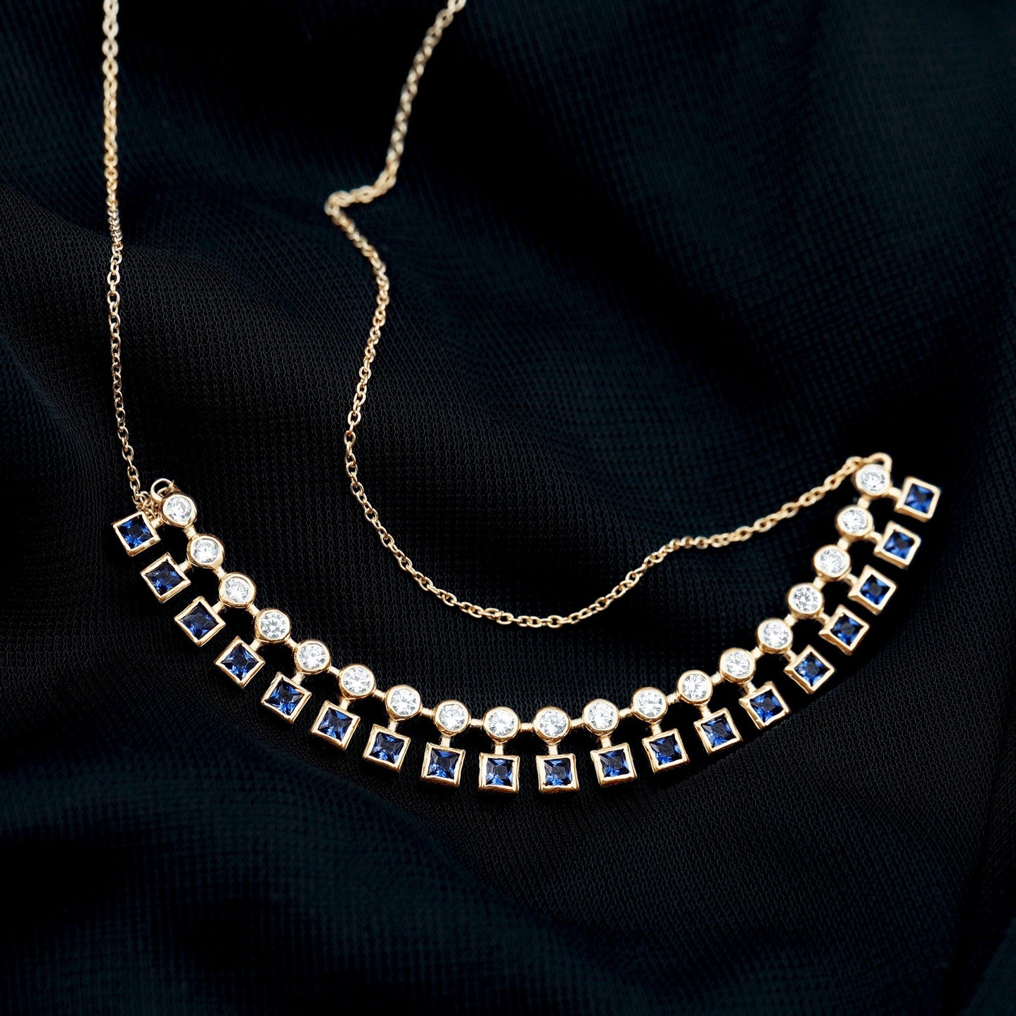 Princess Cut Lab Grown Blue Sapphire Statement Necklace With Certificate