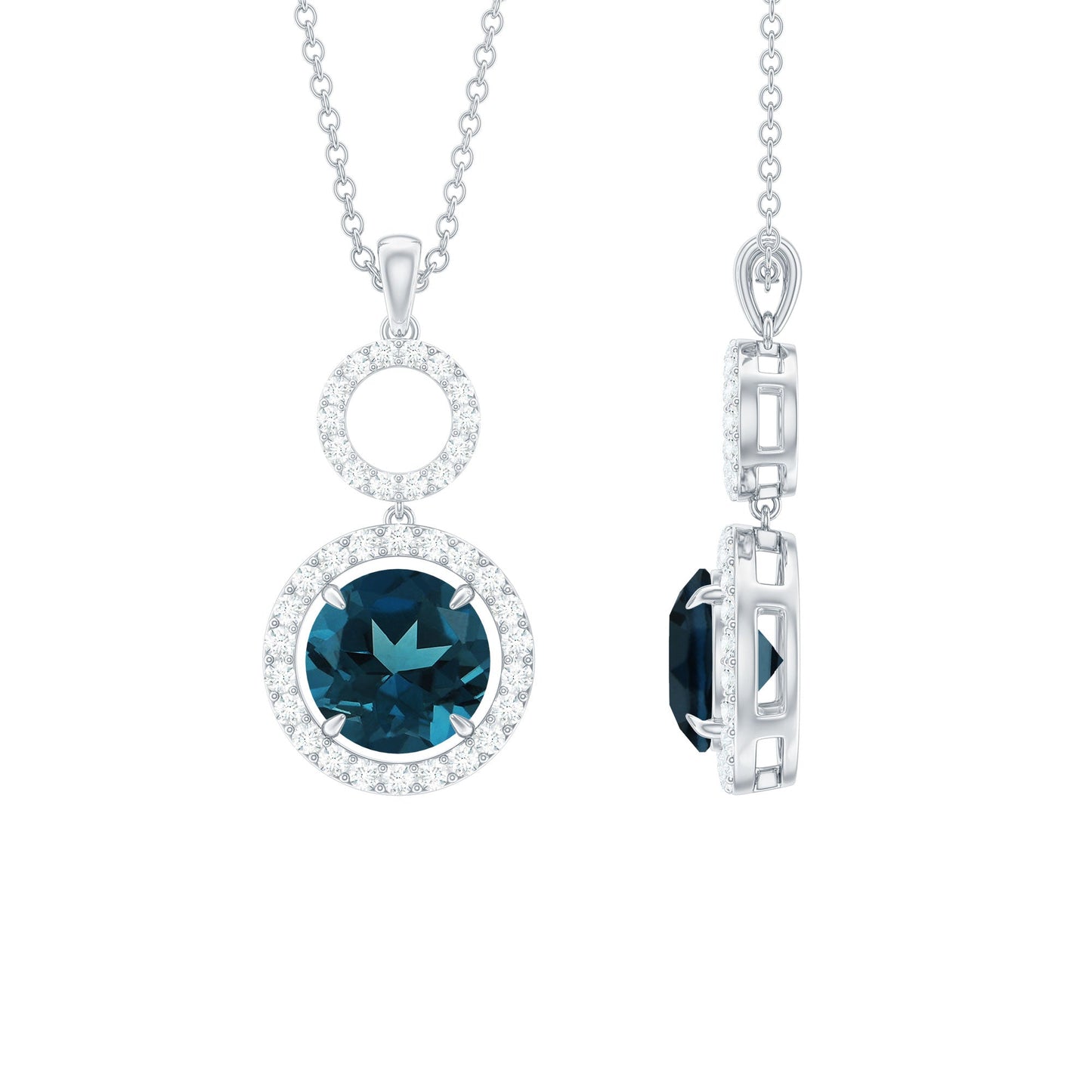 2 Carat London Blue Topaz and Diamond Halo Dangle Pendant