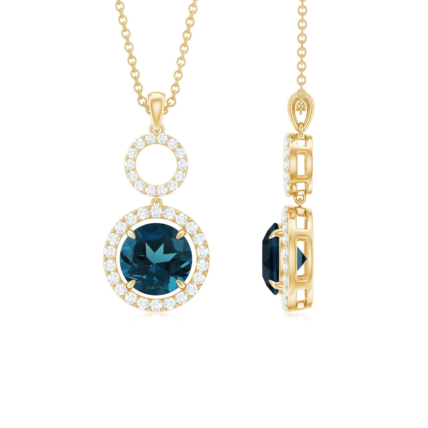 2 Carat London Blue Topaz and Diamond Halo Dangle Pendant