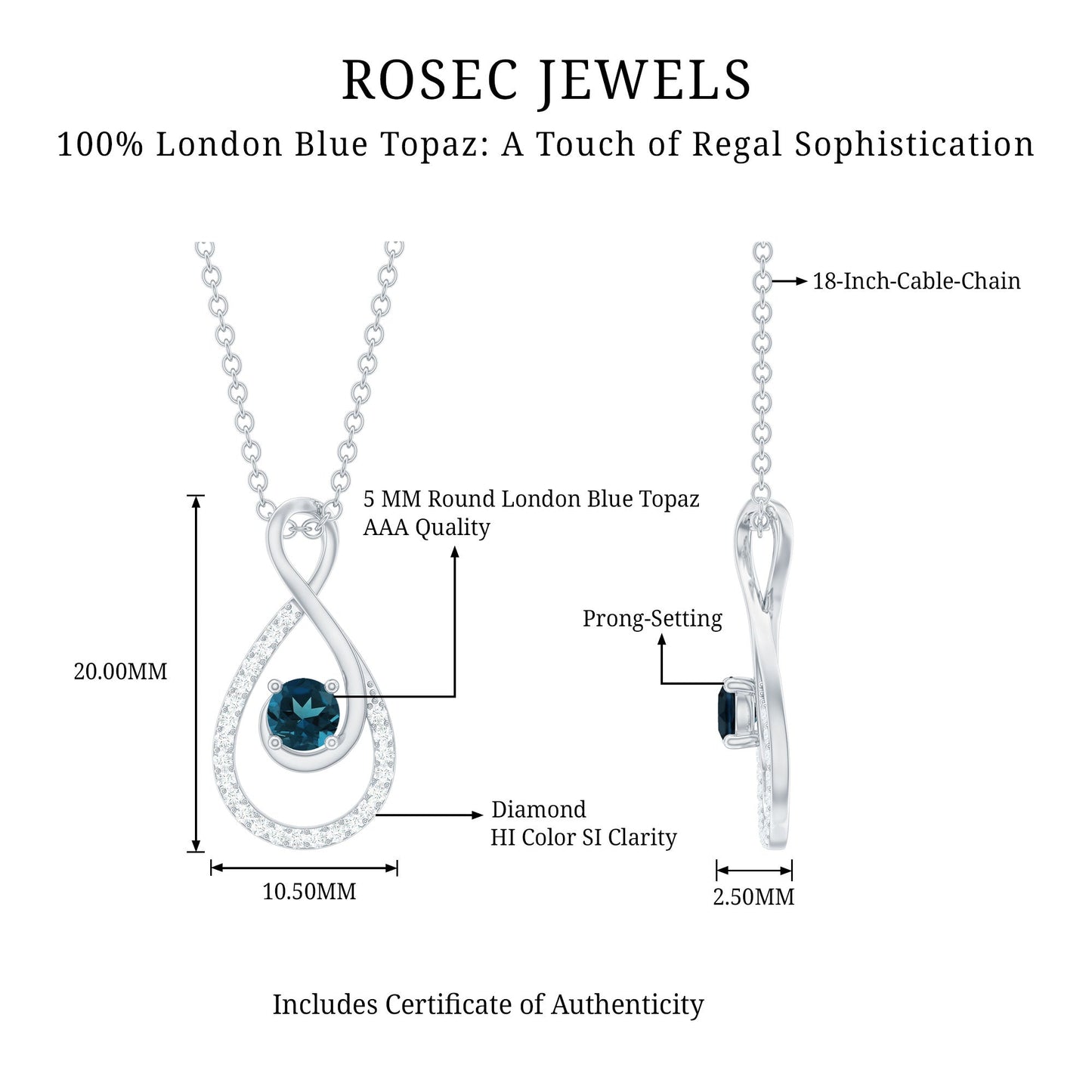 Real London Blue Topaz Infinity Necklace with Diamond