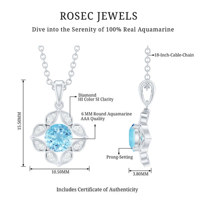 Natural Aquamarine Flower Pendant Necklace with Diamond