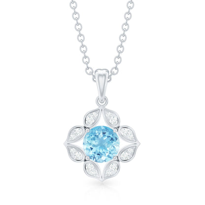 Natural Aquamarine Flower Pendant Necklace with Diamond