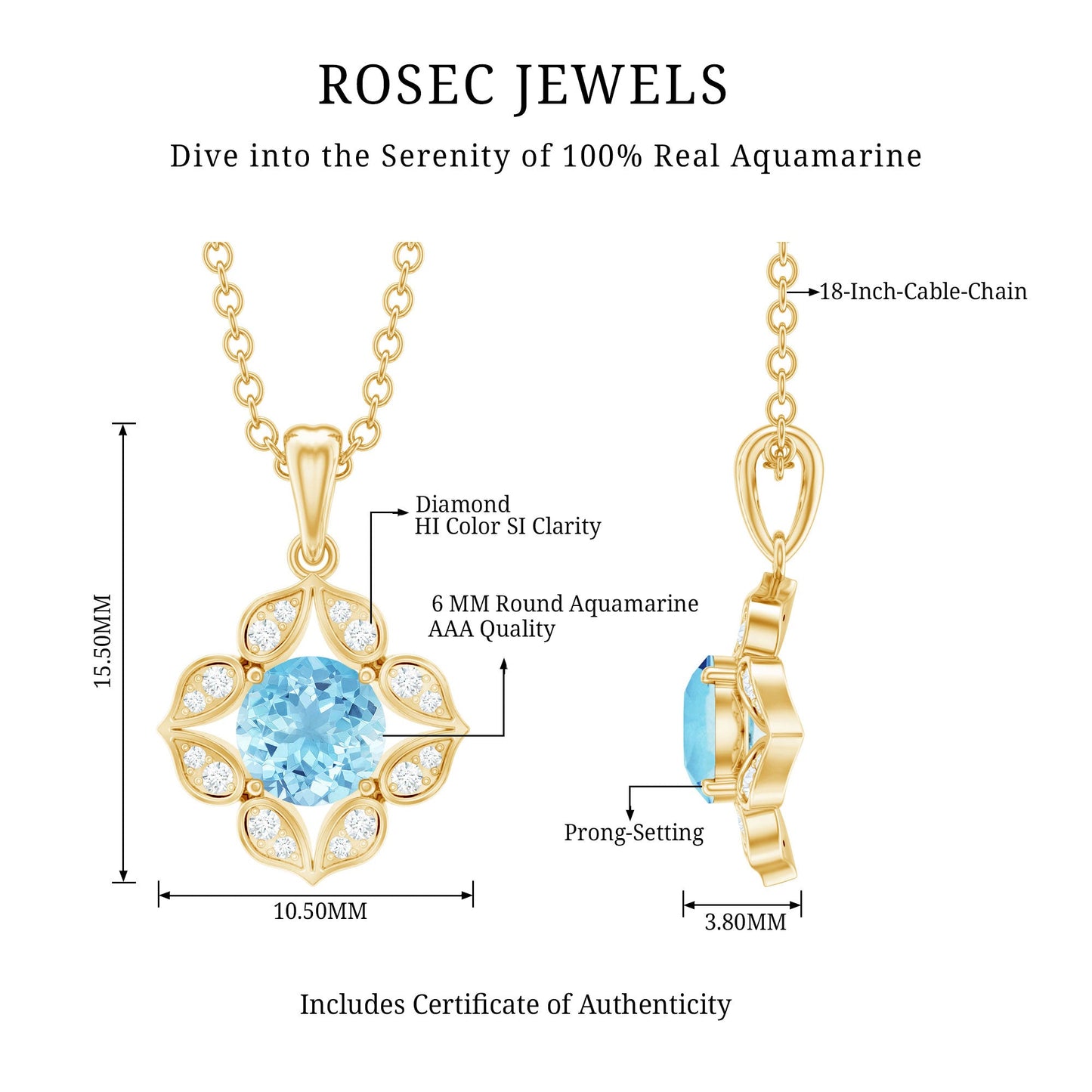 Natural Aquamarine Flower Pendant Necklace with Diamond