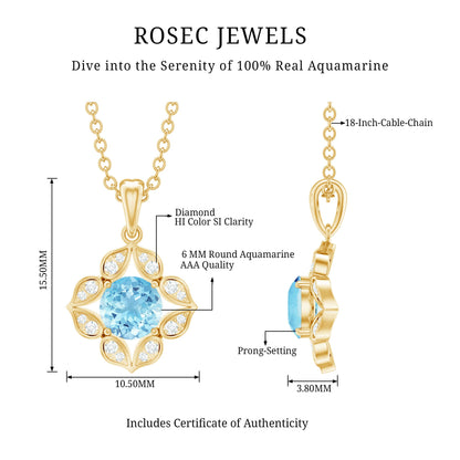 Natural Aquamarine Flower Pendant Necklace with Diamond