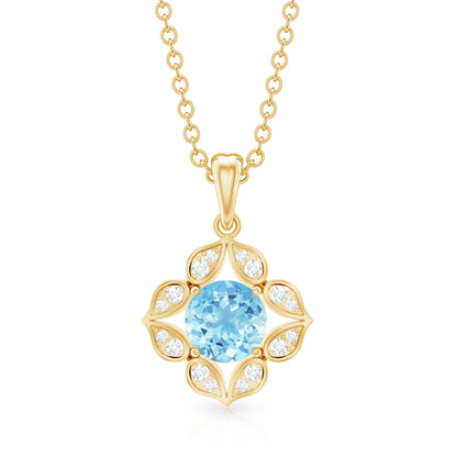 Natural Aquamarine Flower Pendant Necklace with Diamond