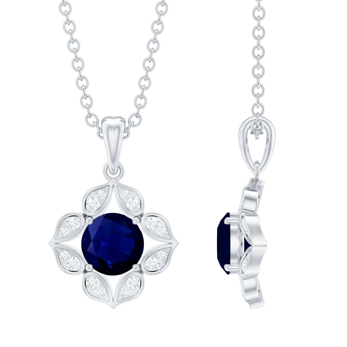 Genuine Blue Sapphire Flower Pendant Necklace with Diamond