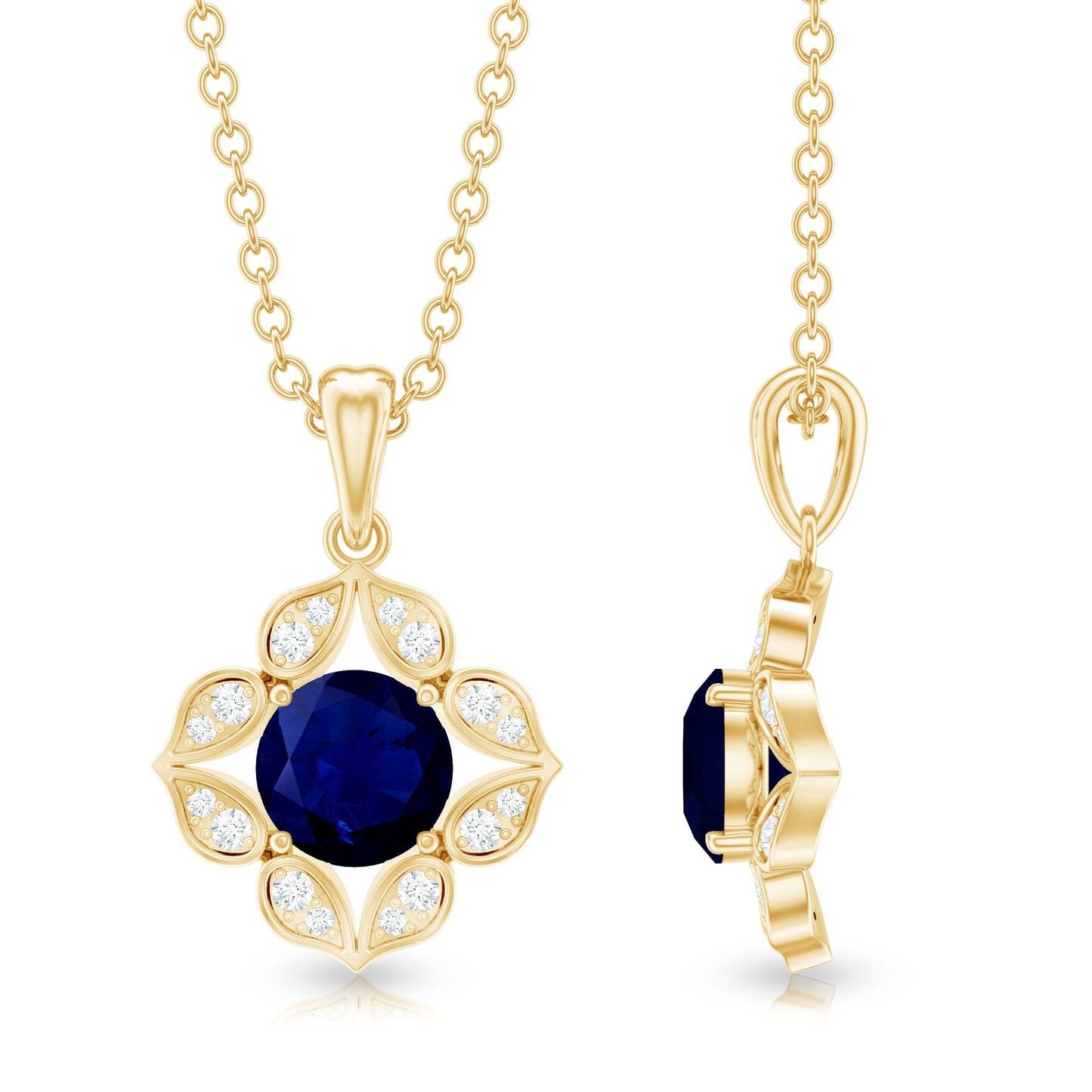 Genuine Blue Sapphire Flower Pendant Necklace with Diamond