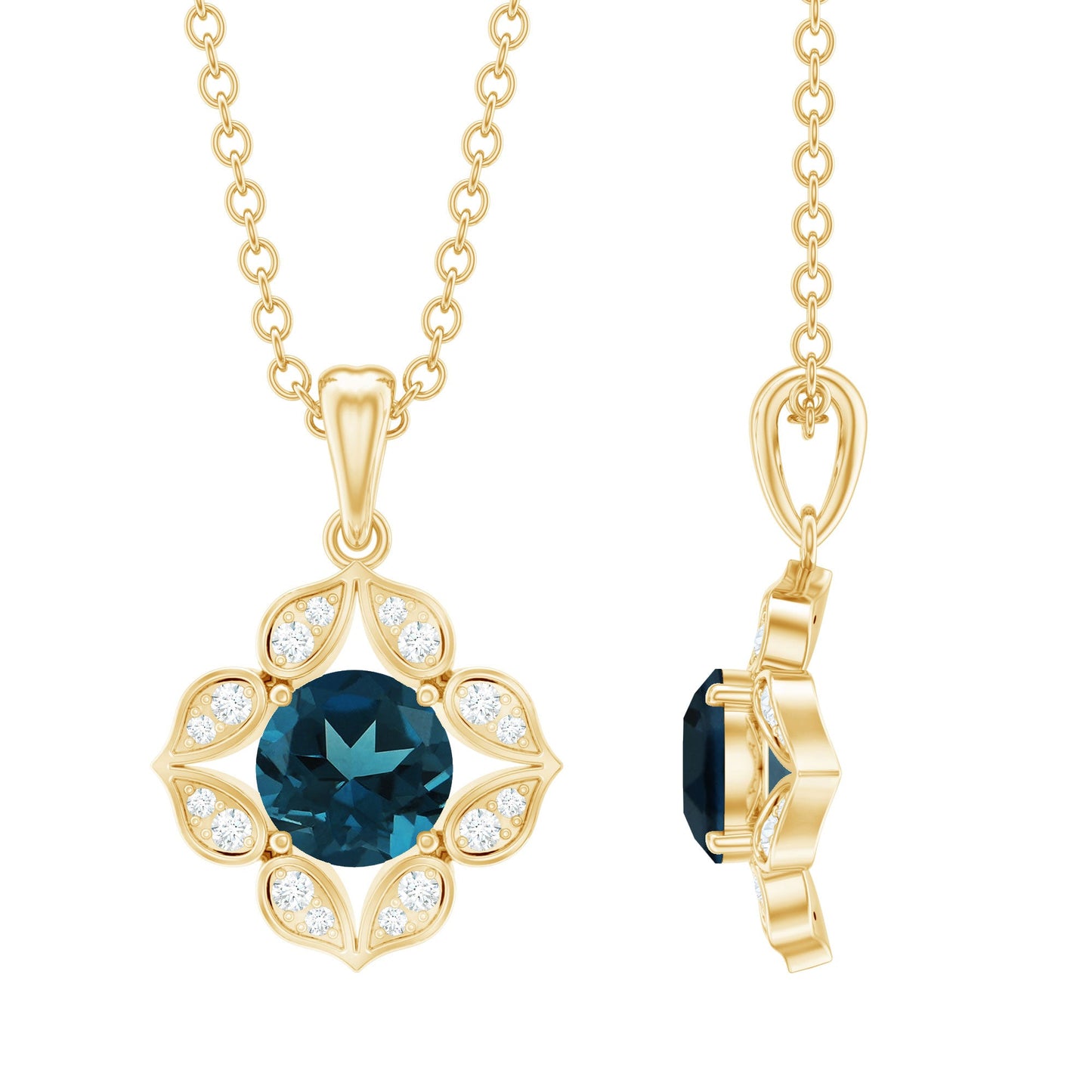 Antique Style London Blue Topaz and Diamond Flower Pendant