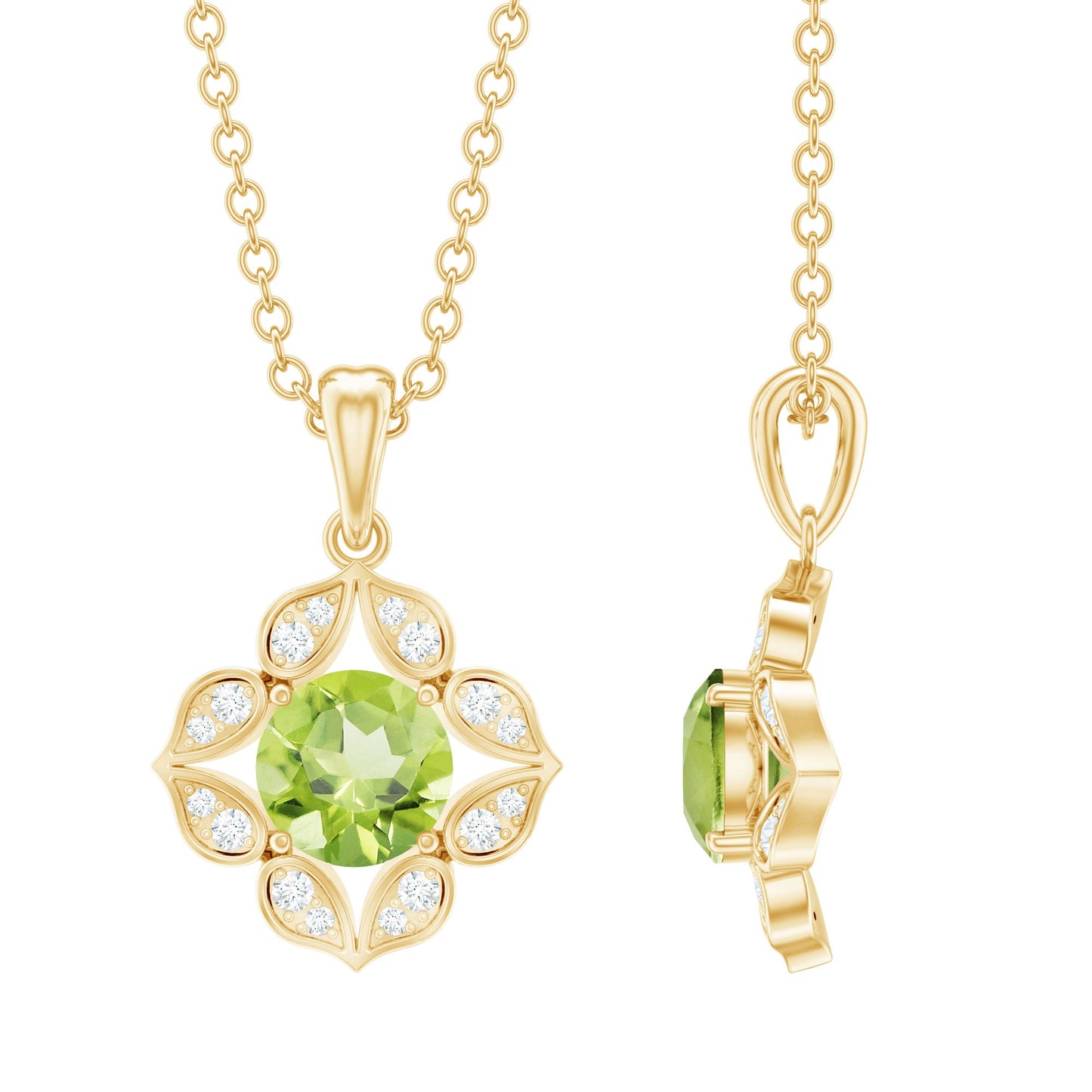 Antique Style Natural Peridot and Diamond Flower Pendant for Women