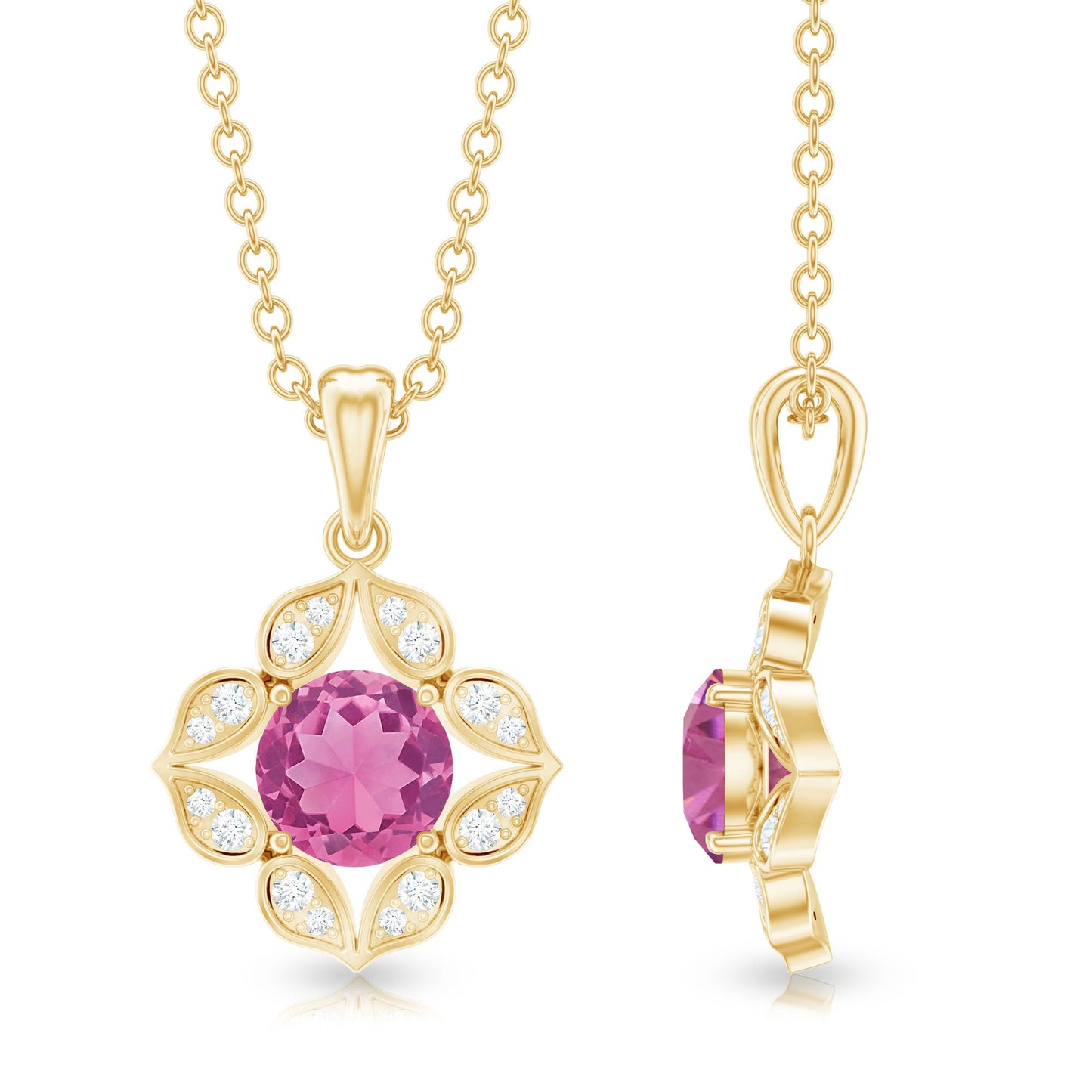 Antique Style Natural Pink Tourmaline Flower Pendant with Diamond