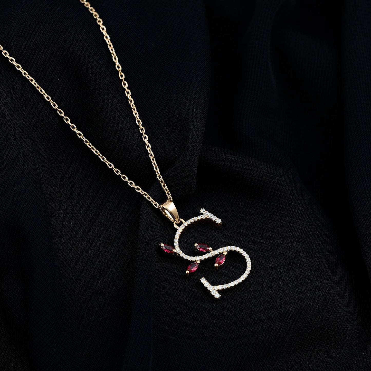 Lab Grown Ruby and Diamond Necklace with Letter S